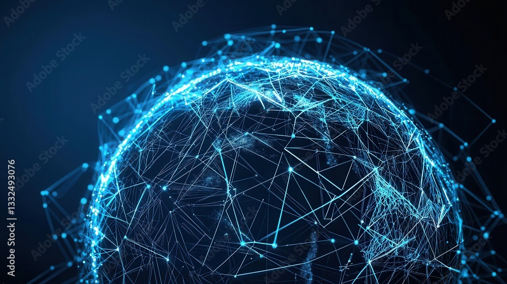 Poster a futuristic digital visualization of a wireframe globe representing global connectivity data networ