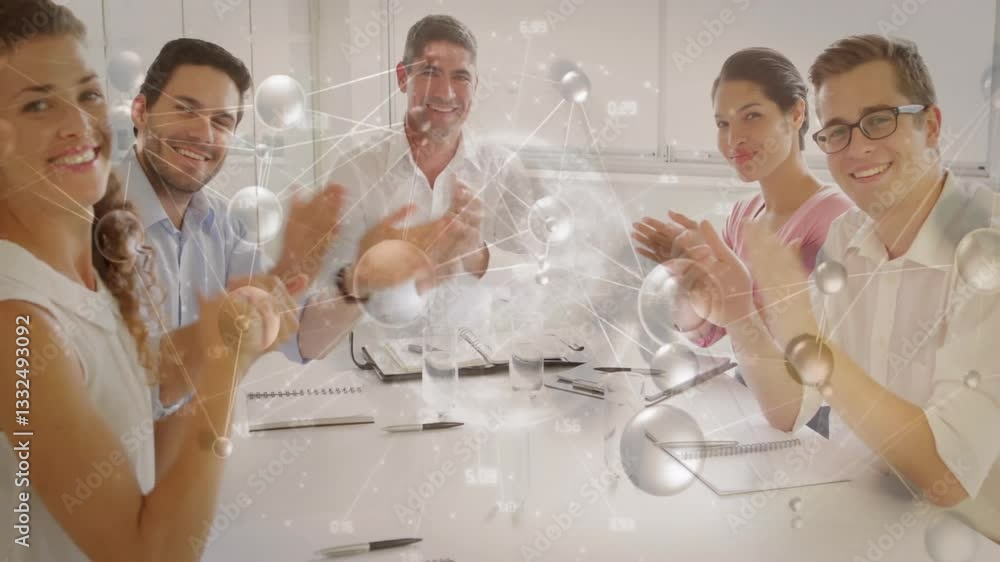 Poster clapping business team with network connections and data processing animation overlay
