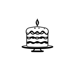 Minimalist black-and-white illustration of a layered birthday cake with a single lit candle on a cake stand, isolated on a white background.