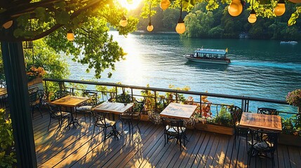 Waterside restaurant with tables offers beautiful scenic sunset views