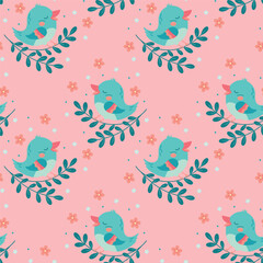 seamless pattern with birds in cartoon style on pink background, colorful vector illustration, template for wrapping paper, textile,wallpaper,fabric,prints for children,backdrop