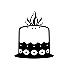 Minimalist Black and White Illustration of a Rounded Cake with Abstract Floral Crown and Decorative Ornaments, Isolated on White.