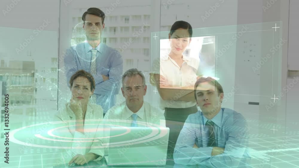 Poster business team in office with digital data processing animation overlay