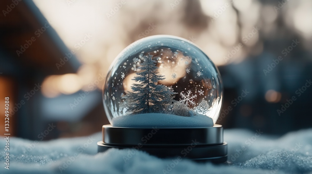 Poster a glass snow globe filled with cascading snowflakes against a soft blurred background of pine trees 