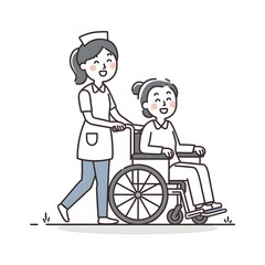 Caring Nurse Assisting a Happy Patient in a Wheelchair – Minimalist Healthcare Vector Illustration