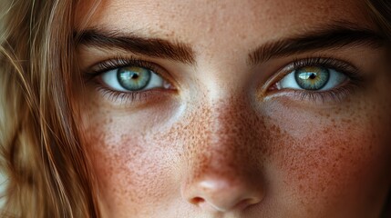 Close-up of young caucasian female with blue eyes and freckles