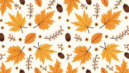 Obraz premium Seamless Flat Rustic Autumn Leaves Tile Pattern with Pinecones and Acorns for Country-Inspired Fall Home Decor - Cute Vector Illustration for Smart Business Use