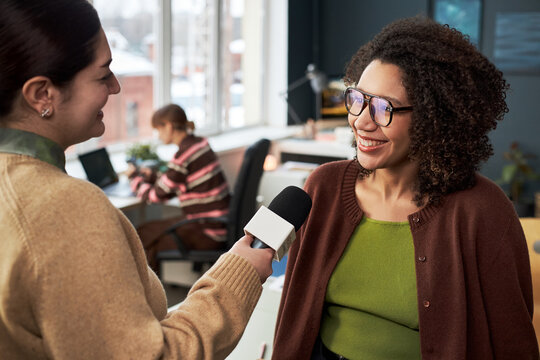 Smiling businesswoman giving an interview to journalist during her work in office