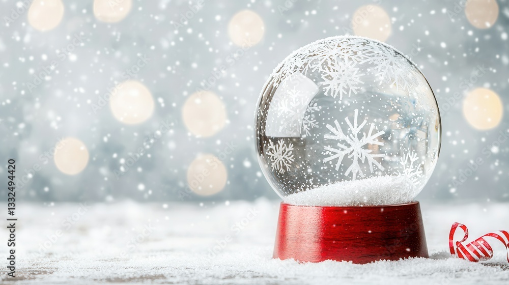 Poster a snow globe filled with intricate sparkling snowflakes sits amidst a serene winter scene surrounded