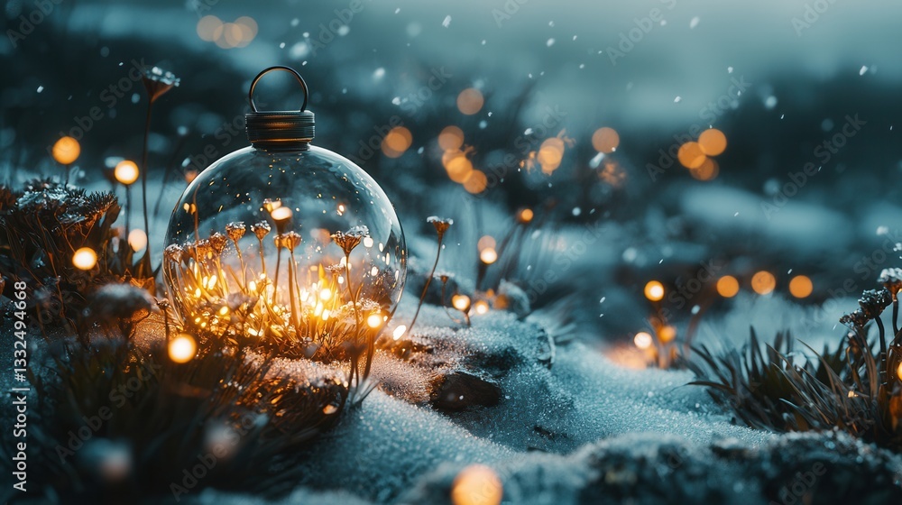 Poster a captivating snow globe filled with a gentle swirling snowfall that glows softly creating a serene 