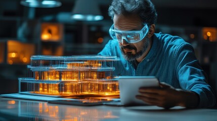 Architect reviews building model with tablet in office at night