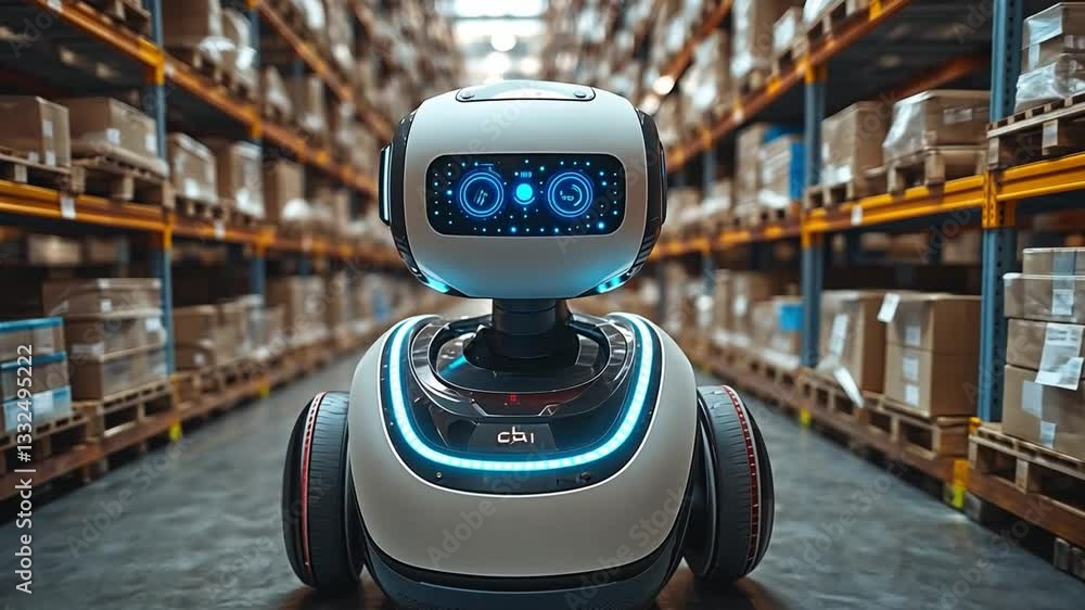 Poster a robotic assistant navigates through a busy warehouse filled with stacked boxes