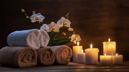 Luxurious spa setting with soft candlelight, rolled white towels, fresh white orchids, and soothing decor, creating a peaceful and relaxing atmosphere for wellness, self care, and aromatherapy