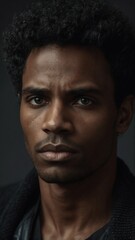 Fototapeta premium Portrait Hyperréaliste d’un Homme au Regard Intense et aux Traits Définis, Éclairage Studio Dramatique