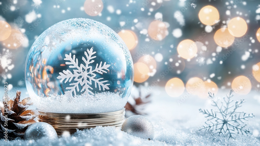 Poster a delicate snow globe illuminated by a soft ethereal light with intricate snowflakes drifting and da