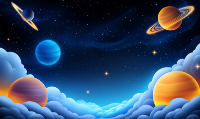 Fototapeta premium Surreal cosmic scene with glowing planets and nebula clouds in space