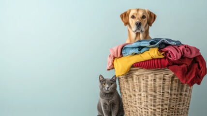 Naklejka na ściany i meble A dog sits atop a laundry basket filled with colorful clothes, while a gray cat rests beside it, creating a charming pet scene.