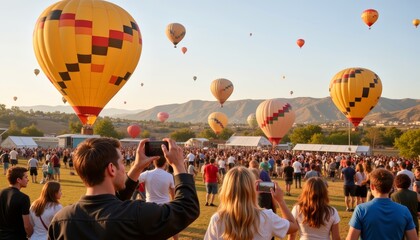 Festival-goers capturing balloon festivity, joyful celebration