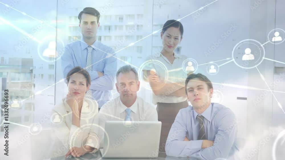 Aufkleber in office, business team collaborating with network connections and data processing overlay