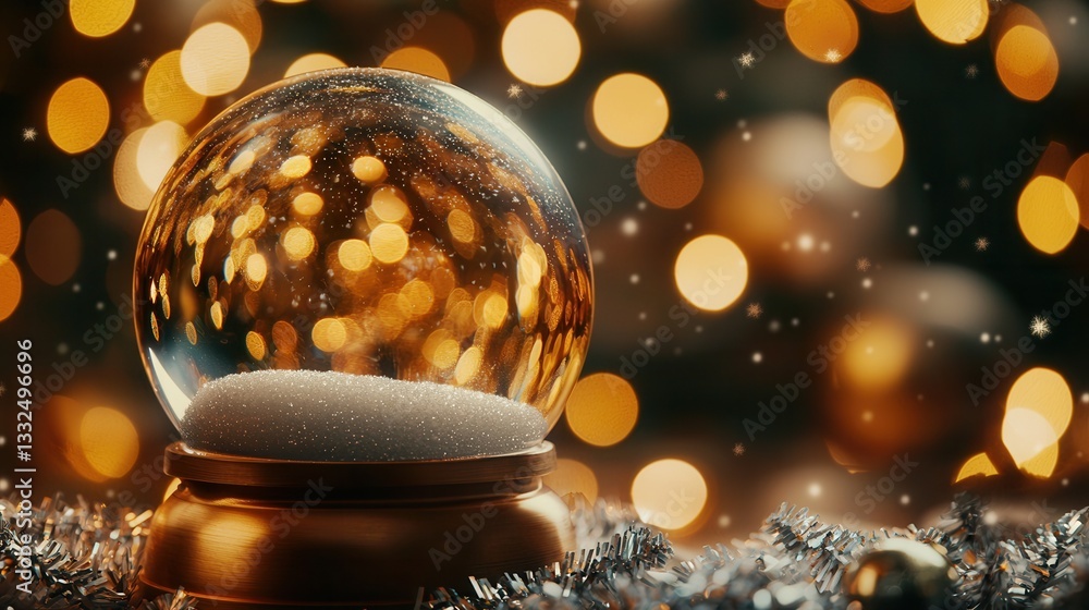 Poster enchanting snow globe filled with gentle snowfall and a warm glowing ornament against a backdrop of 