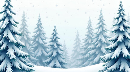 Obraz premium Classic Winter Trees Seamless Pattern Featuring Tall Pine Trees with Frosted Branches and Snowflakes - Timeless Winter Aesthetic for Photo Stock with Empty Space on the Left Side