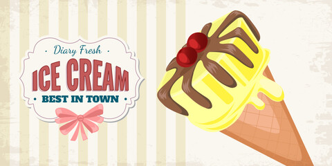 Ice cream yellow retro banner. Sweet cold dessert social media advertising. Vintage brand post with text. Branding for cafe or shop. Flat vintage Vector illustration.