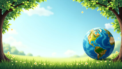 Globe and tree border frame with natural copy space for Earth Day concept as Earth globe entwined with lush trees framing natural space for Earth Day messages in  Photo Stock  Concept  and empty space