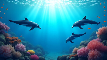 Dolphins and coral reefs border frame with conservation copy space for World Oceans Day concept as Playful dolphins and vibrant coral reefs framing conservation space for World Oceans Day messages in 