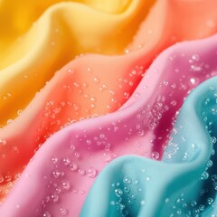 A vibrant, colorful fabric with waves and droplets, showcasing a playful interplay of hues and textures.