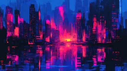 Fototapeta premium A vibrant city reflecting in the water during a dark night scene