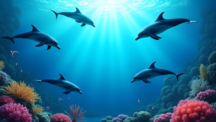 Obraz premium Playful Dolphins and Vibrant Coral Reefs: Conservation Photo Frame for World Oceans Day Messages