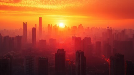 Stunning sunrise cityscape, hazy orange hues. Perfect for illustrating urban themes, cityscapes, or sunrise concepts.