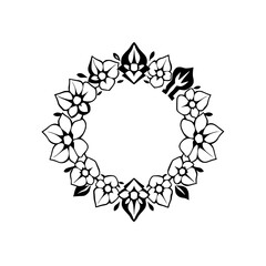 Elegant Black and White Floral Wreath, Symmetrical Arrangement with Intricate Flower and Leaf Designs, Blank Center
