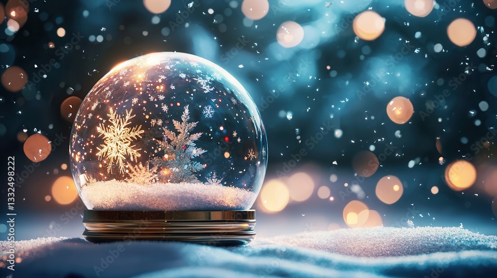 Poster a captivating snow globe filled with delicate swirling snowflakes that glow with a soft enchanting l