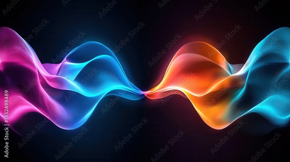Poster vibrant and dynamic abstract image depicting a glowing sound wave data transfer concept with a spect