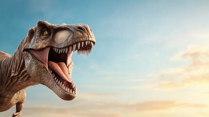 Obraz premium Realistic T-Rex Dinosaur Against Bright Sky Background with Sunlight and Clouds in the Horizon