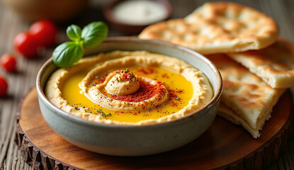 Creamy Hummus with Olive Oil and Pita Bread