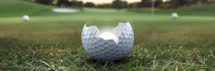 Conceptual image of a cracked golf ball emitting light on a grassy fairway – Perfect for creative sports visuals, surreal advertising, or unique golf-themed content.
