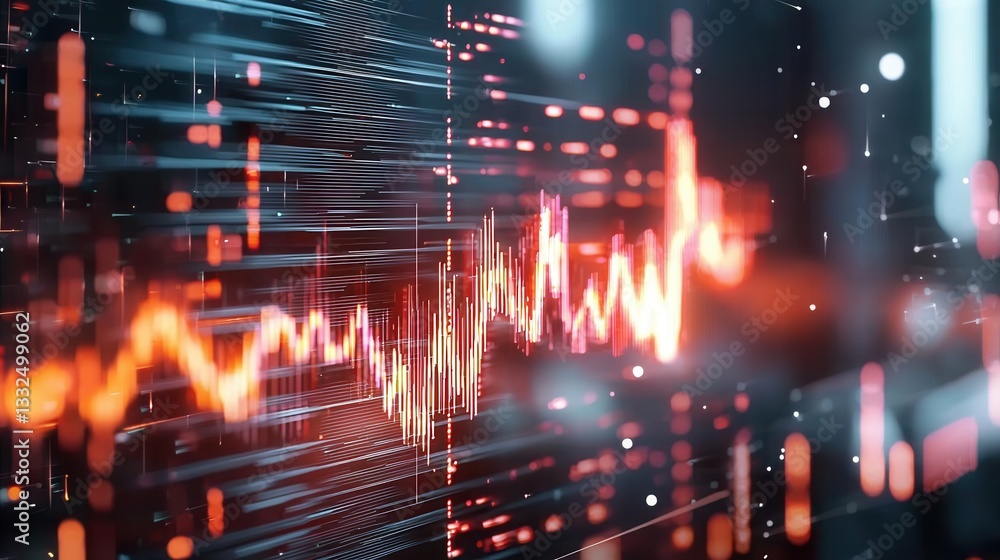 Poster futuristic abstract visualization of sound wave motion featuring glowing neon lines dynamic patterns