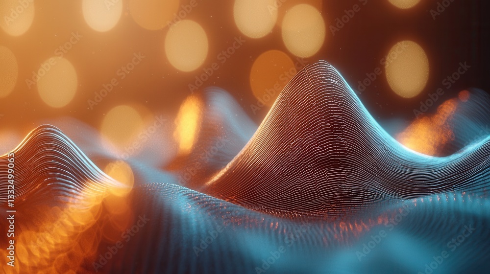 Poster vibrant and dynamic abstract image featuring undulating sound wave forms created with glowing neon l