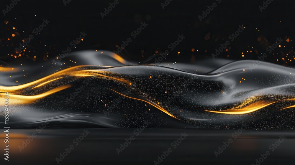 Poster abstract and dynamic visualization of a vibrant sound wave with glowing golden neon trails and spark