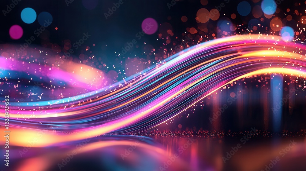 Poster colorful and dynamic abstract visualization of a sound wave with neon like glowing lines and shimmer