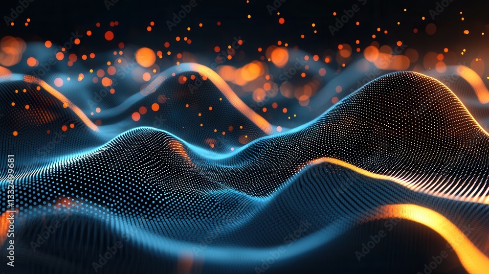Poster captivating digital landscape of abstract undulating waves and glowing neon lines creating a futuris