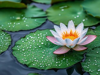 Fresh Water Droplets on Green Lotus Leaf and Blooming Flower