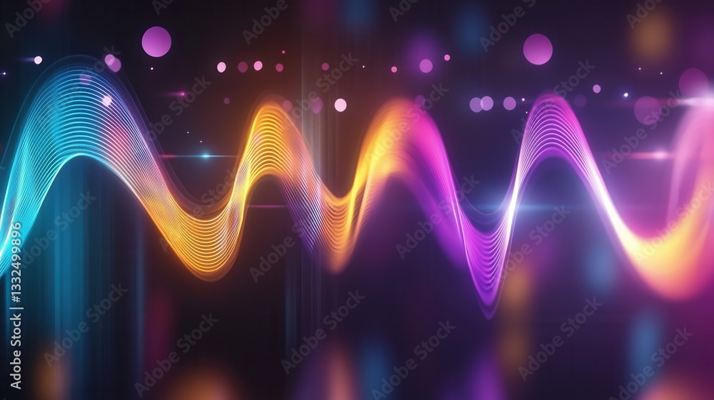 Poster captivating digital visualization of pulsing sound waves with vibrant neon lines and a dynamic ether