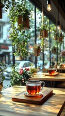 Tea cafe window sunlight plants
