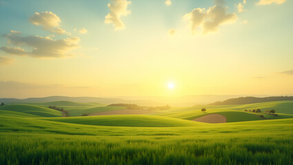 Obraz premium Farm Landscape with Sun Border: Perfect Space for Inspirational Messages Celebrating World Farmers Day - Stock Photo Concept with Empty Left Side