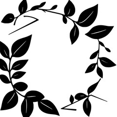 Elegant Black and White Floral Wreath Silhouette with Simple Leafy Branches Creating a Circular Border on a Pure White Backdrop.