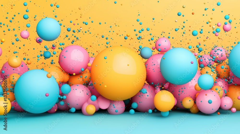 Poster a visually striking abstract composition featuring a dynamic arrangement of vibrant translucent sphe