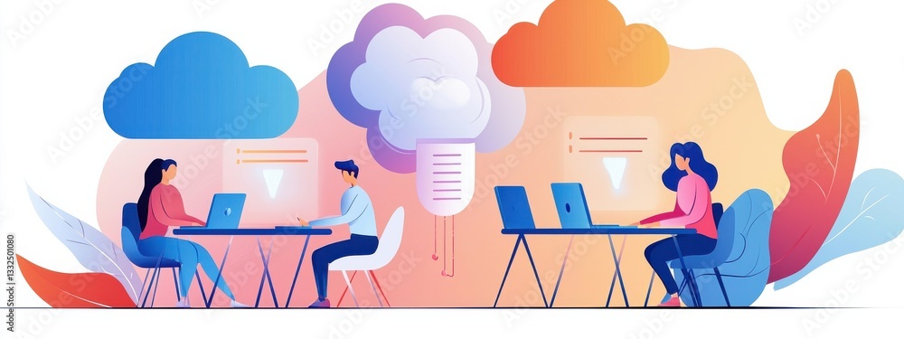 Poster collaborative teamwork in cloud computing environment illustration